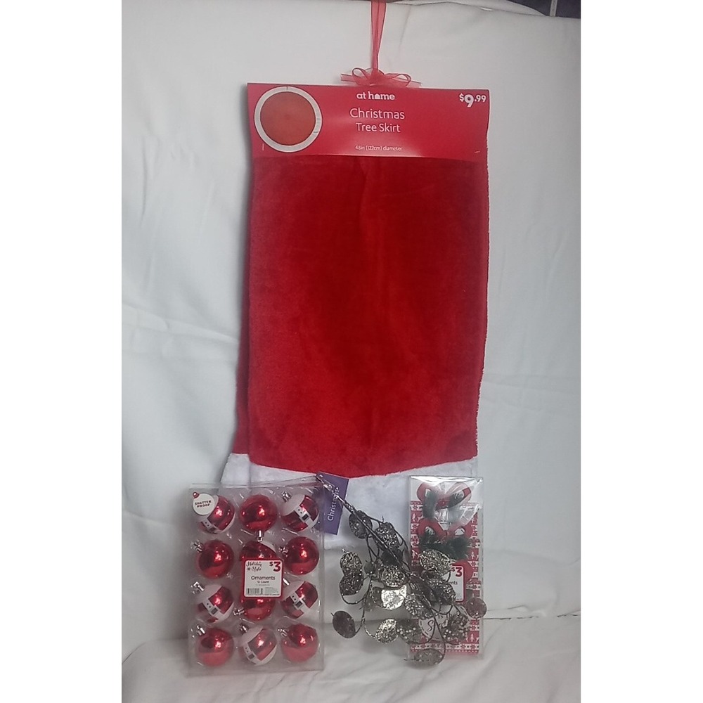 Christmas‎ Tree Skirt & Ornament Lot At Home 48 Inch Tree Skirt Holiday Lot Of 4